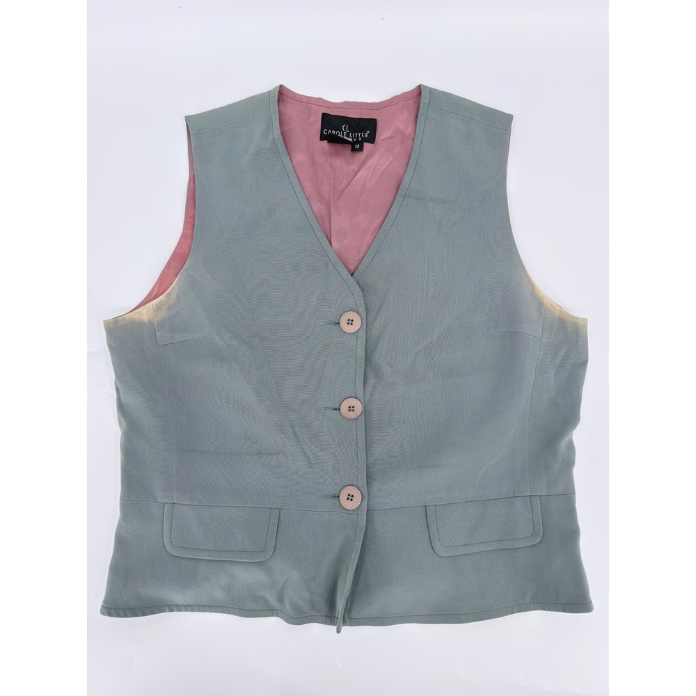 Carole Little Silk Vest Waistcoat 90s Vintage Women Size 12 Sage Green Petites
